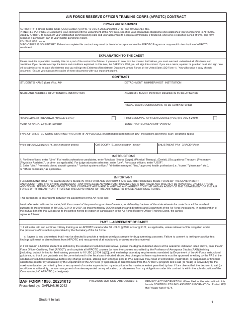DAF Form 1056 Air Force Reserve Officer Training Corps (AFROTC) Contract