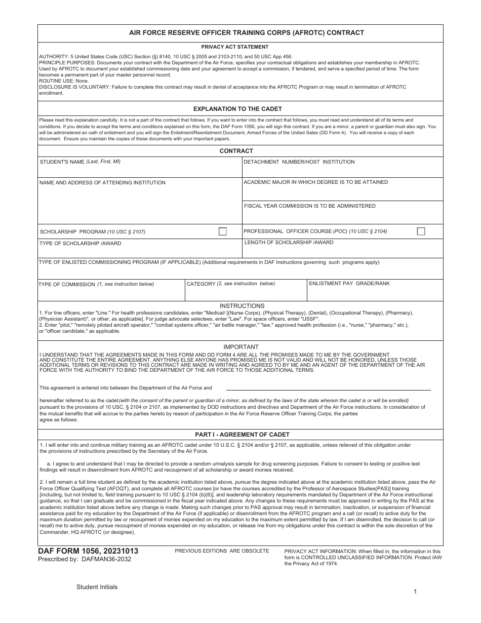 DAF Form 1056 Air Force Reserve Officer Training Corps (AFROTC) Contract, Page 1