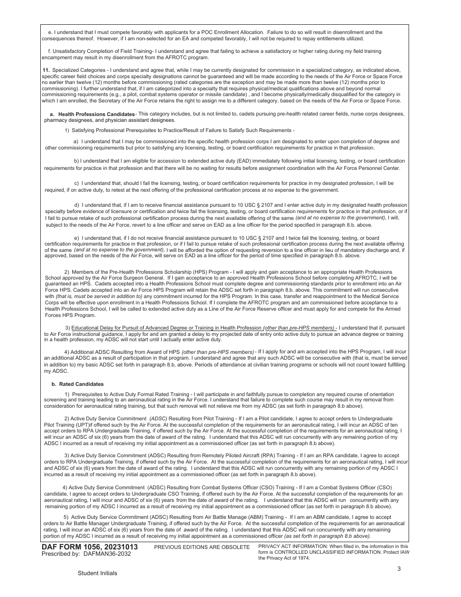 DAF Form 1056 Air Force Reserve Officer Training Corps (AFROTC) Contract, Page 3