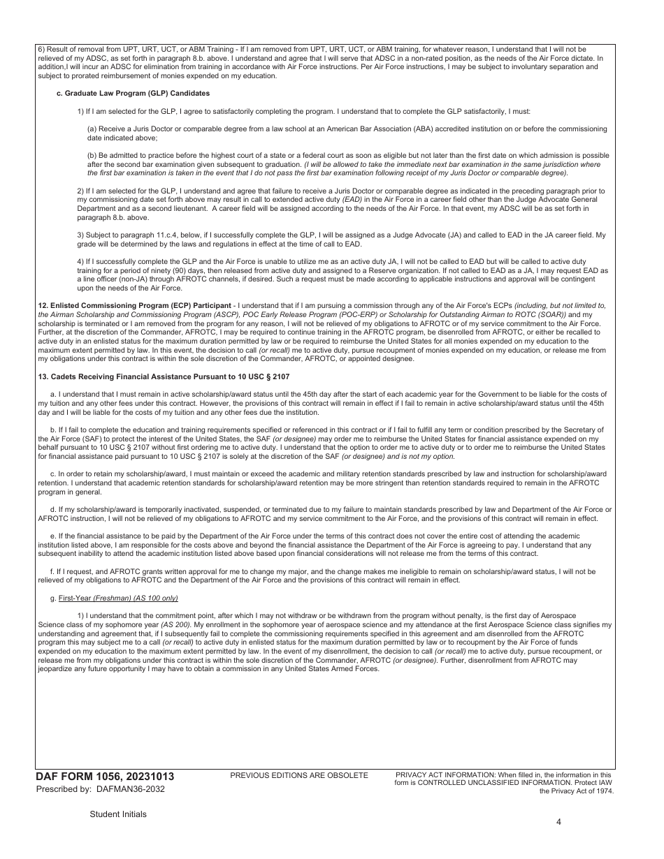 DAF Form 1056 Air Force Reserve Officer Training Corps (AFROTC) Contract, Page 4