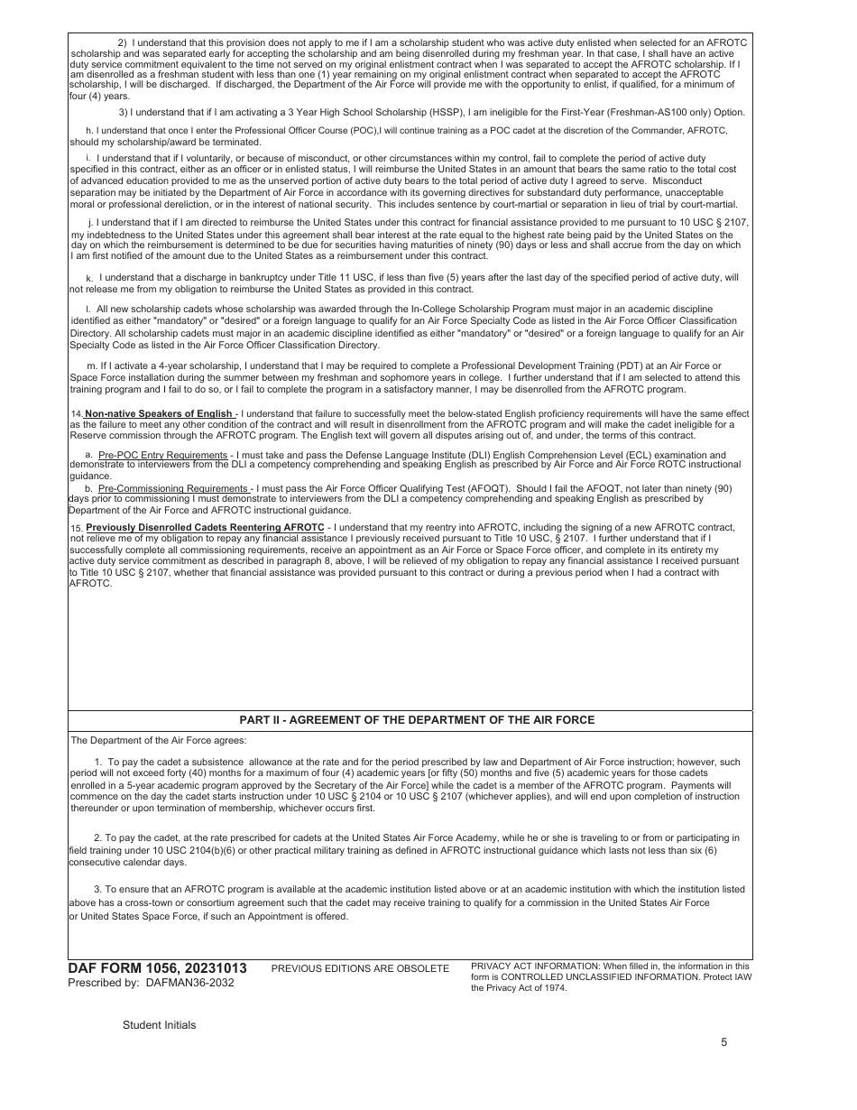 DAF Form 1056 Air Force Reserve Officer Training Corps (AFROTC) Contract, Page 5
