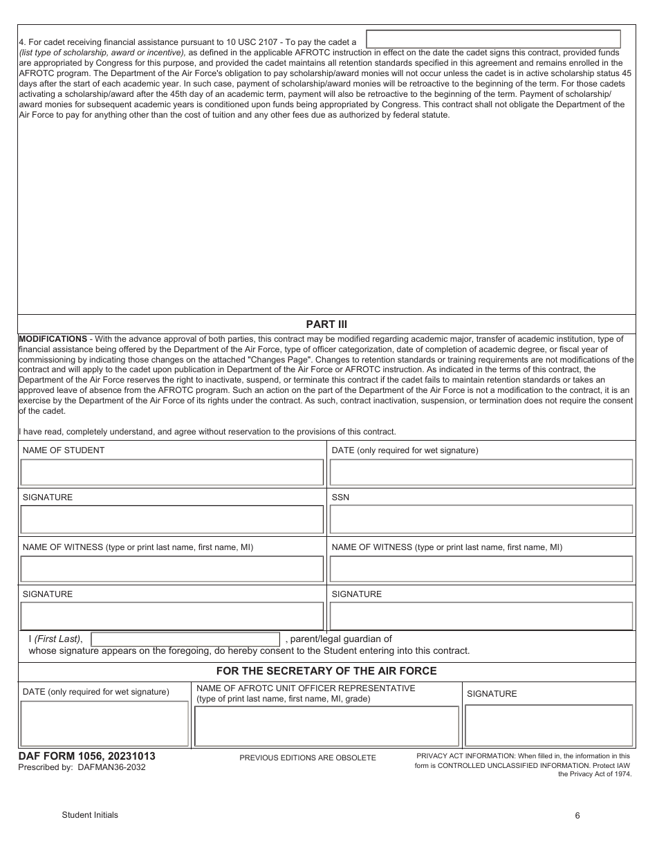 DAF Form 1056 Air Force Reserve Officer Training Corps (AFROTC) Contract, Page 6