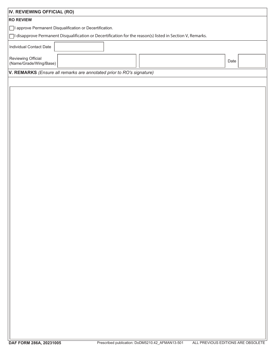 DAF Form 286A Personnel Reliability Program (PRP) Permanent Disqualification or Decertification Action, Page 3