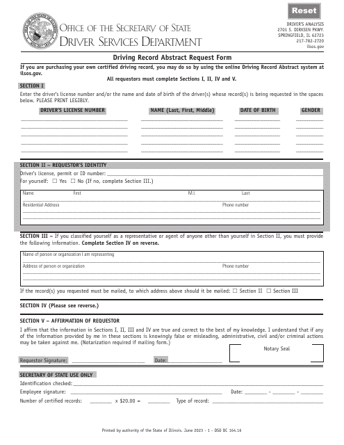 Form DSD DC164 Driving Record Abstract Request Form - Illinois
