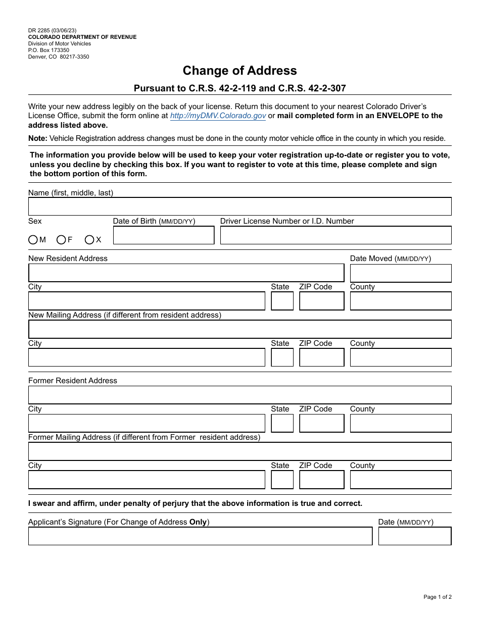 Form DR2285 Download Fillable PDF or Fill Online Change of Address