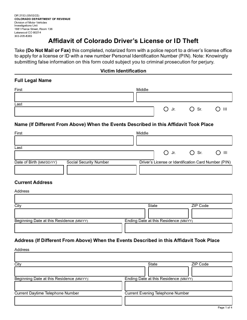 Form DR2153 Affidavit of Colorado Driver's License or I D Theft - Colorado