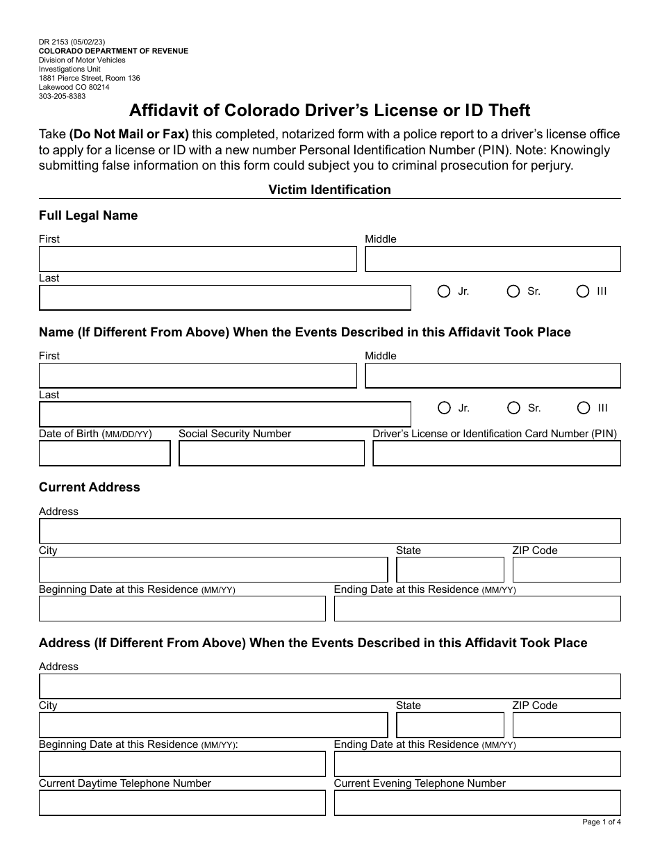 Form DR2153 Affidavit of Colorado Drivers License or I D Theft - Colorado, Page 1