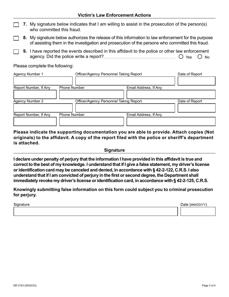 Form DR2153 Affidavit of Colorado Drivers License or I D Theft - Colorado, Page 3