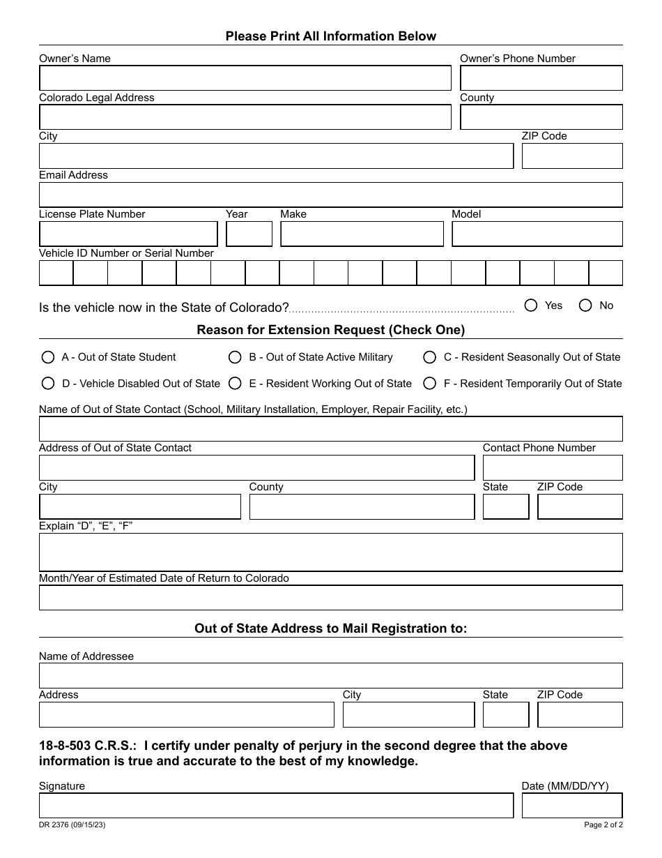 Form DR2376 Application for an Affidavit of Emissions Extension - Colorado, Page 2
