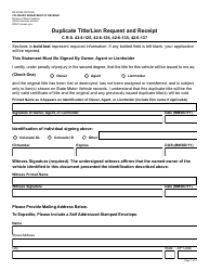 Document preview: Form DR2539A Duplicate Title/Lien Request and Receipt - Colorado