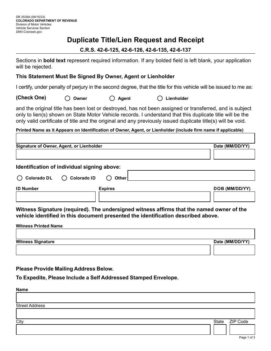 Form DR2539A Duplicate Title / Lien Request and Receipt - Colorado, Page 1