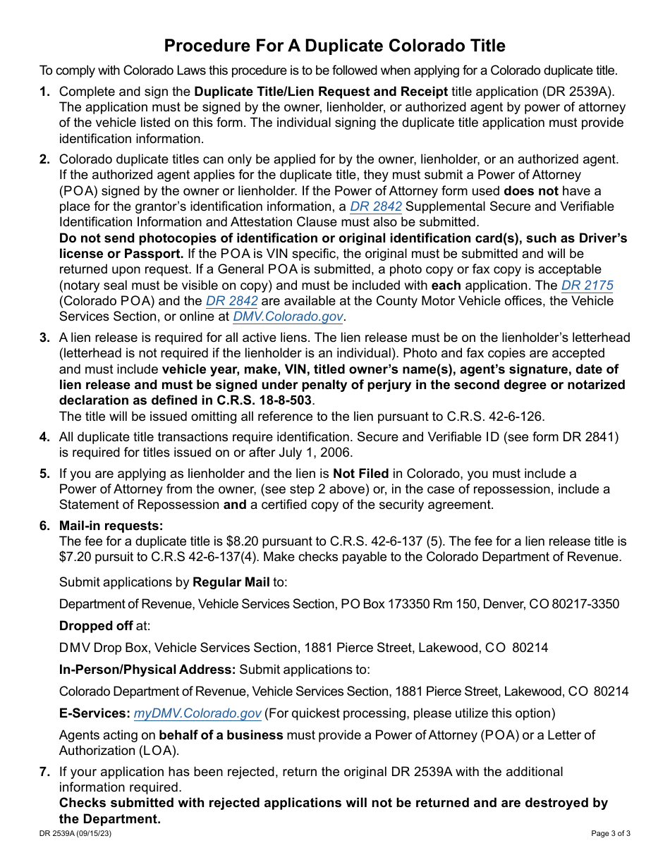 Form DR2539A Duplicate Title / Lien Request and Receipt - Colorado, Page 3