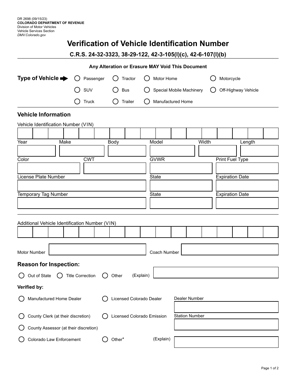 Form DR2698 Verification of Vehicle Identification Number - Colorado, Page 1