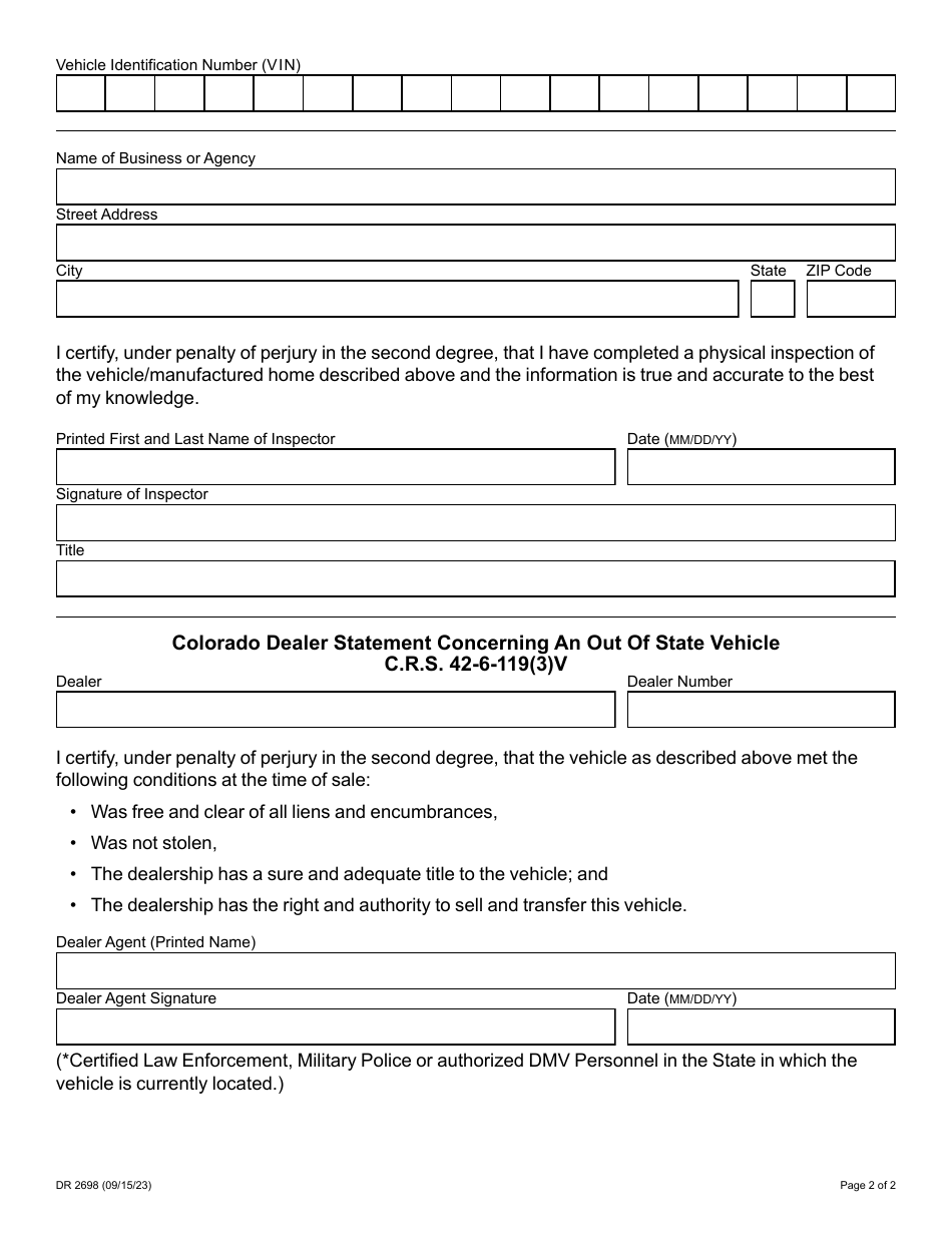 Form Dr2698 Download Fillable Pdf Or Fill Online Verification Of Vehicle Identification Number 4495