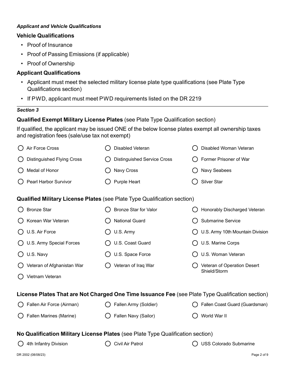 Form DR2002 Military License Plate Application - Colorado, Page 2