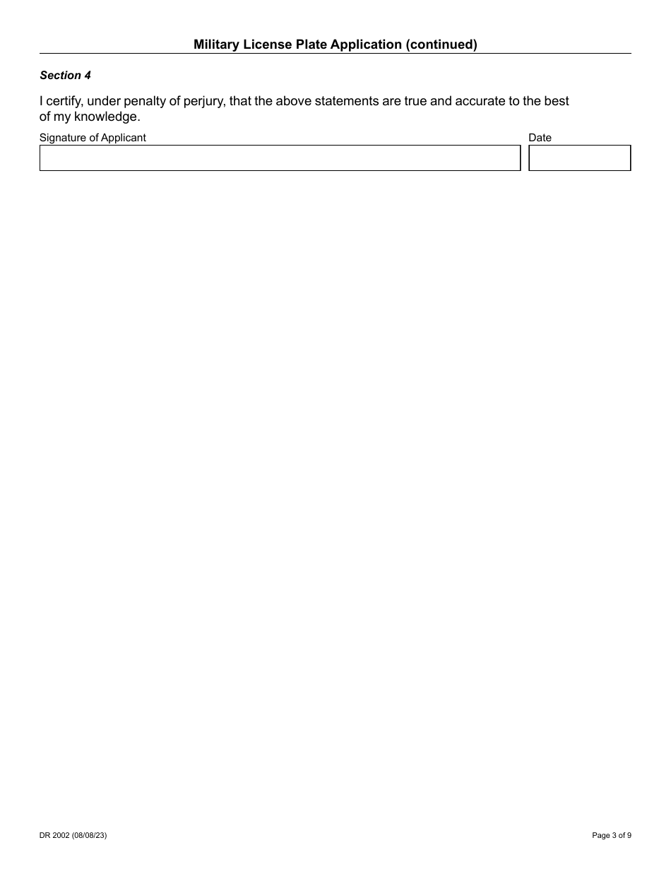 Form DR2002 Military License Plate Application - Colorado, Page 3