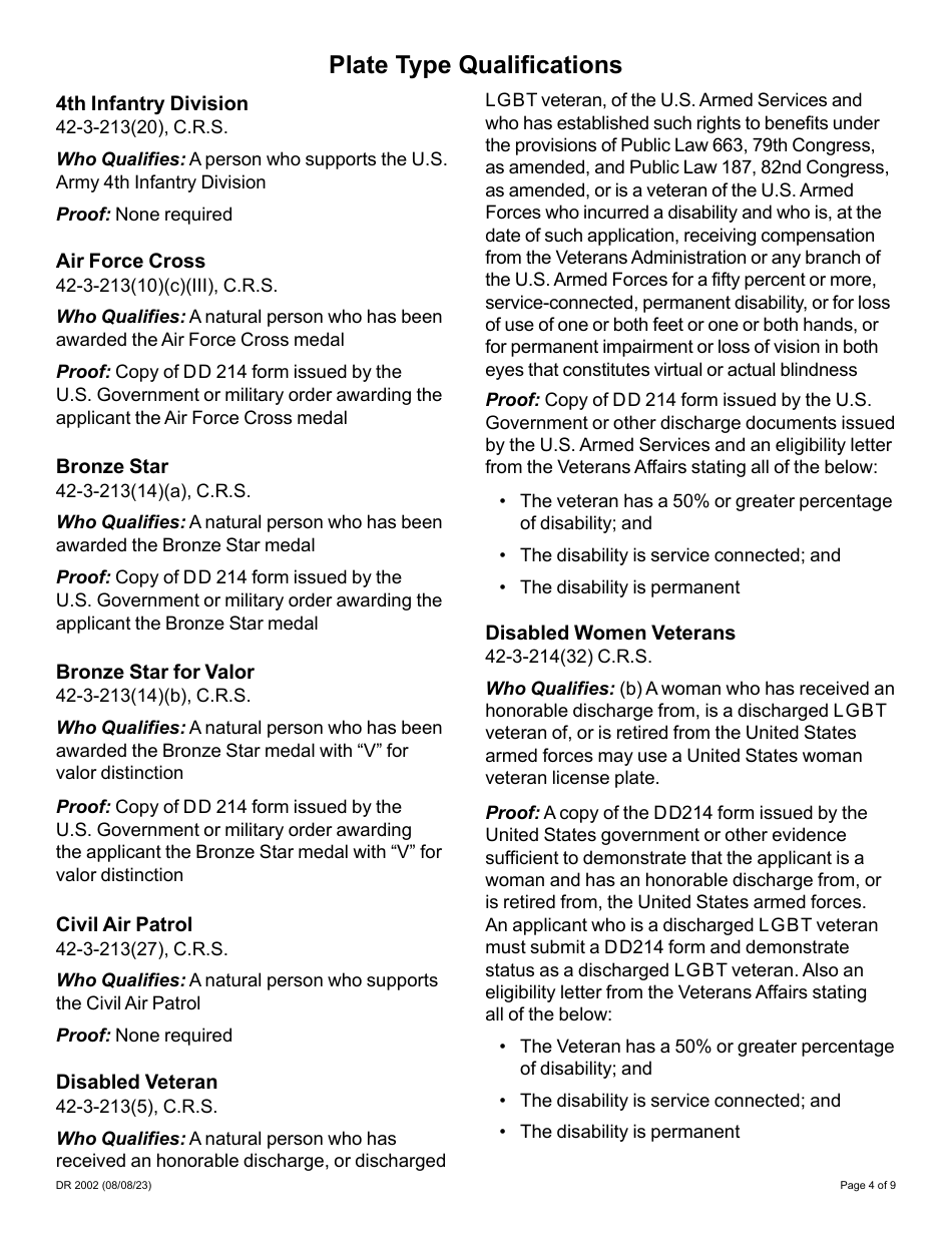 Form DR2002 Military License Plate Application - Colorado, Page 4