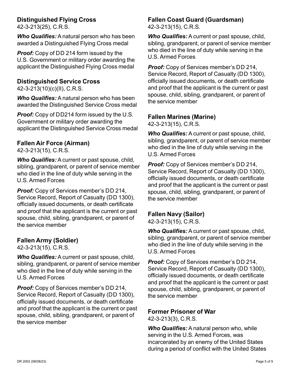 Form DR2002 Military License Plate Application - Colorado, Page 5