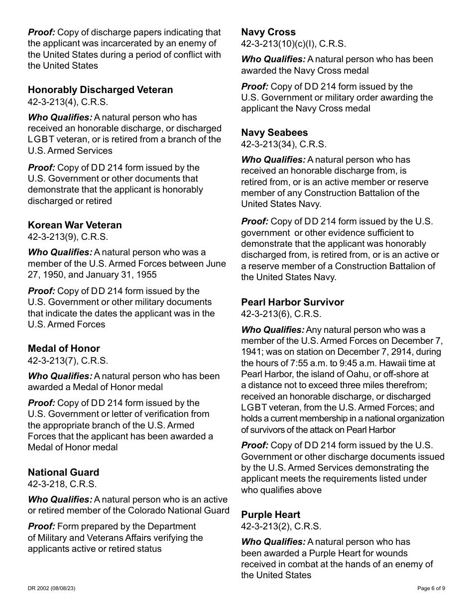 Form DR2002 Military License Plate Application - Colorado, Page 6