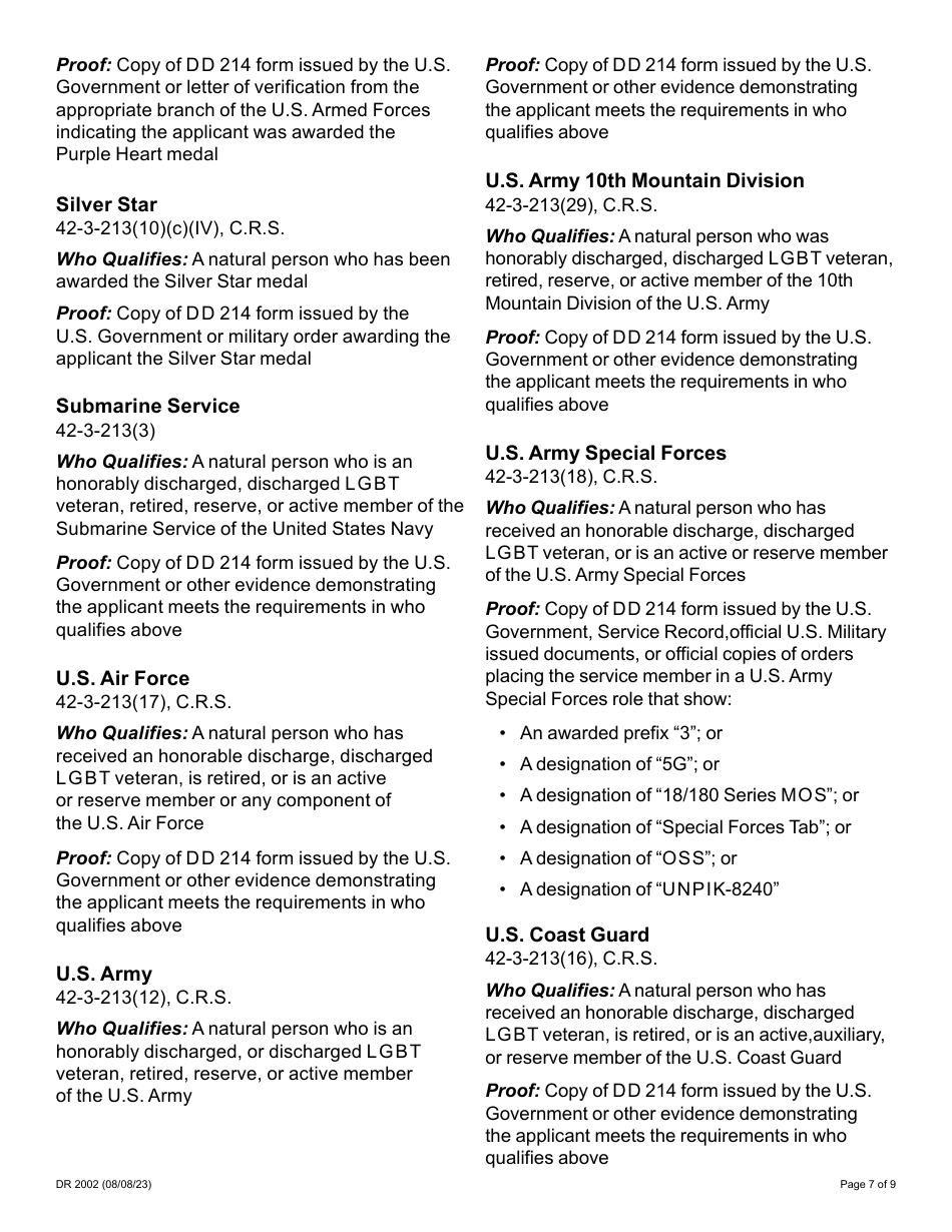 Form DR2002 Military License Plate Application - Colorado, Page 7