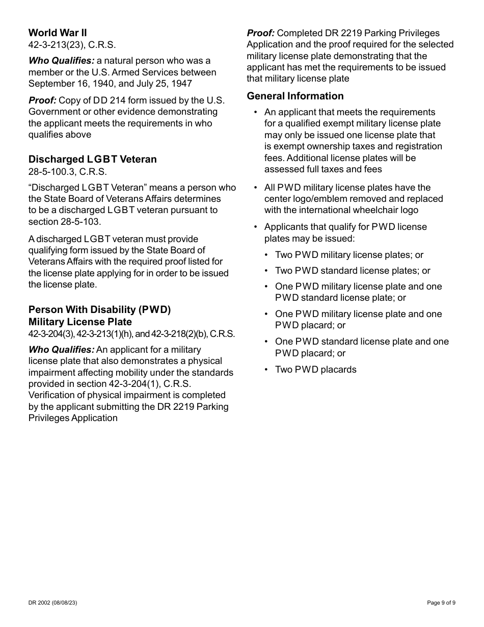Form DR2002 Military License Plate Application - Colorado, Page 9