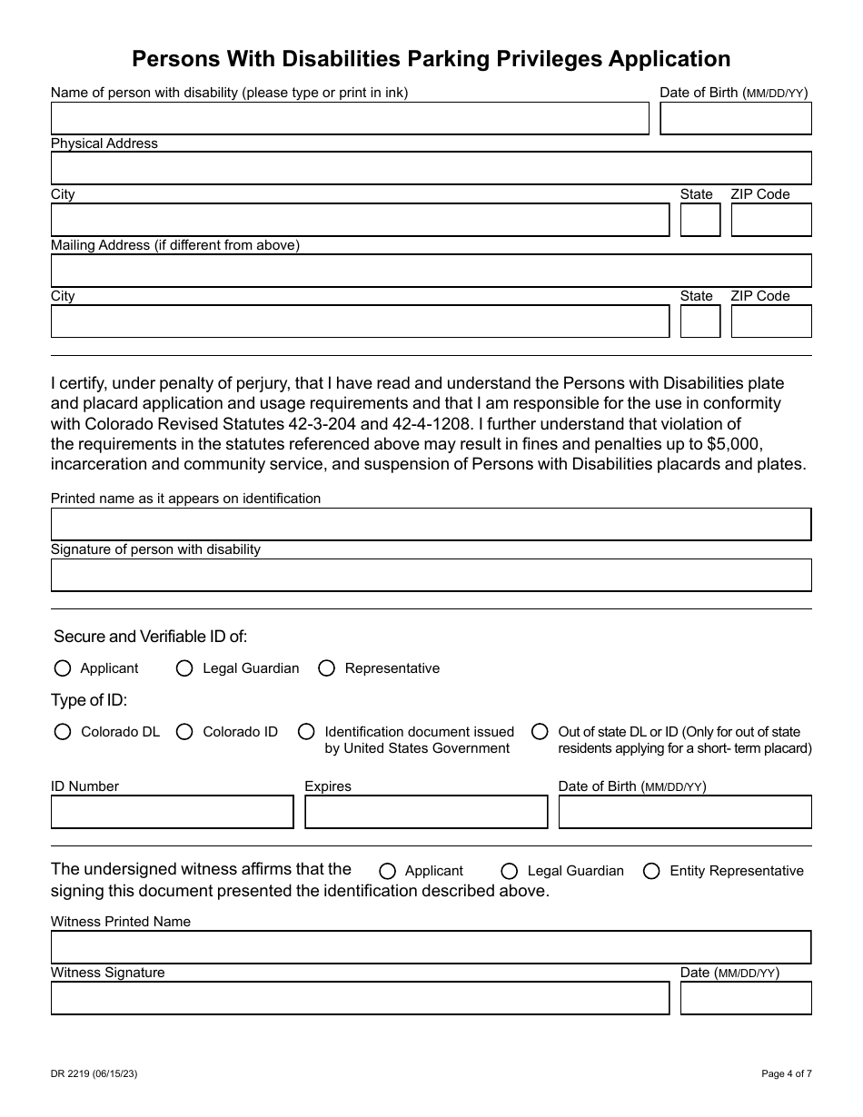 Form DR2219 Parking Privileges Application - Colorado, Page 4