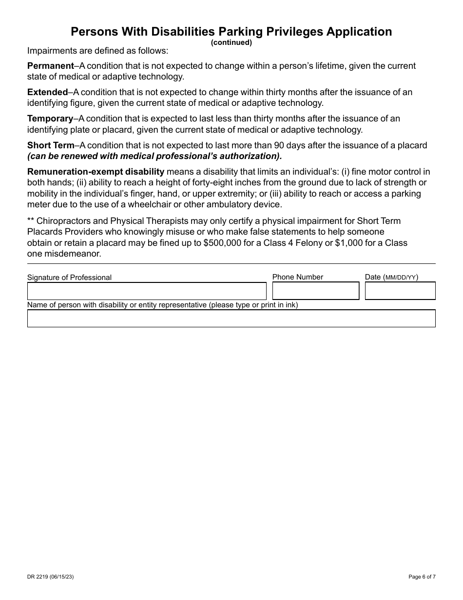 Form DR2219 Parking Privileges Application - Colorado, Page 6