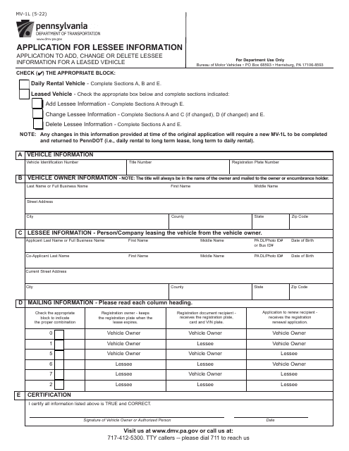 Form MV-1L Application for Lessee Information - Pennsylvania