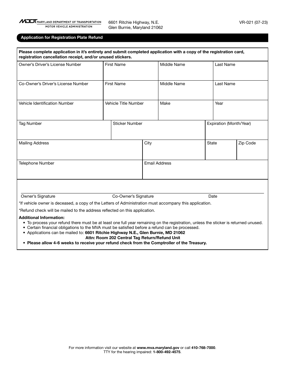 Form VR-021 Application for Registration Plate Refund - Maryland, Page 1