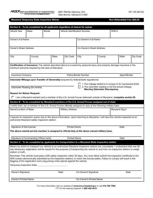 Form VR-129 Maryland Temporary State Inspection Waiver - Maryland