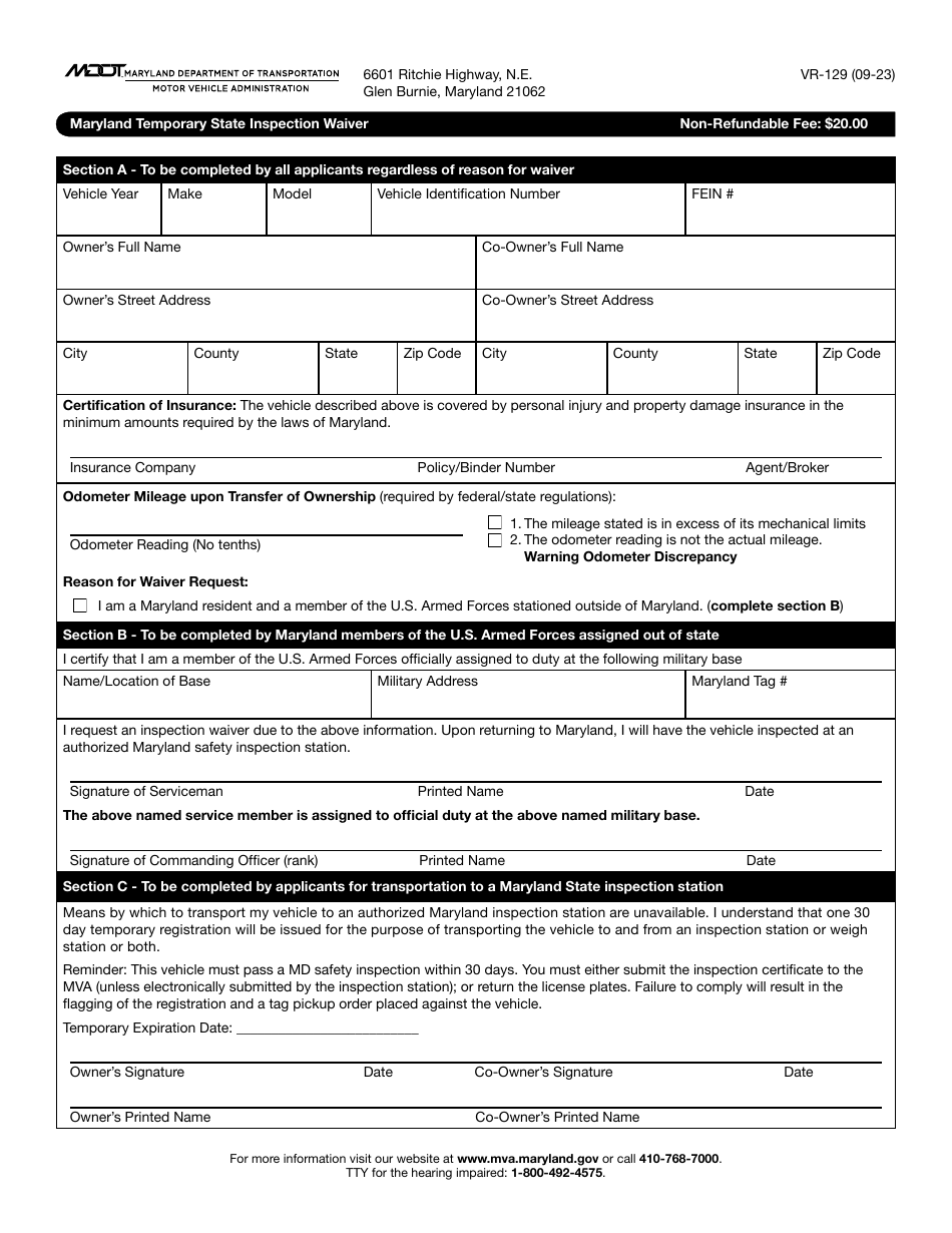Form VR-129 Maryland Temporary State Inspection Waiver - Maryland, Page 1