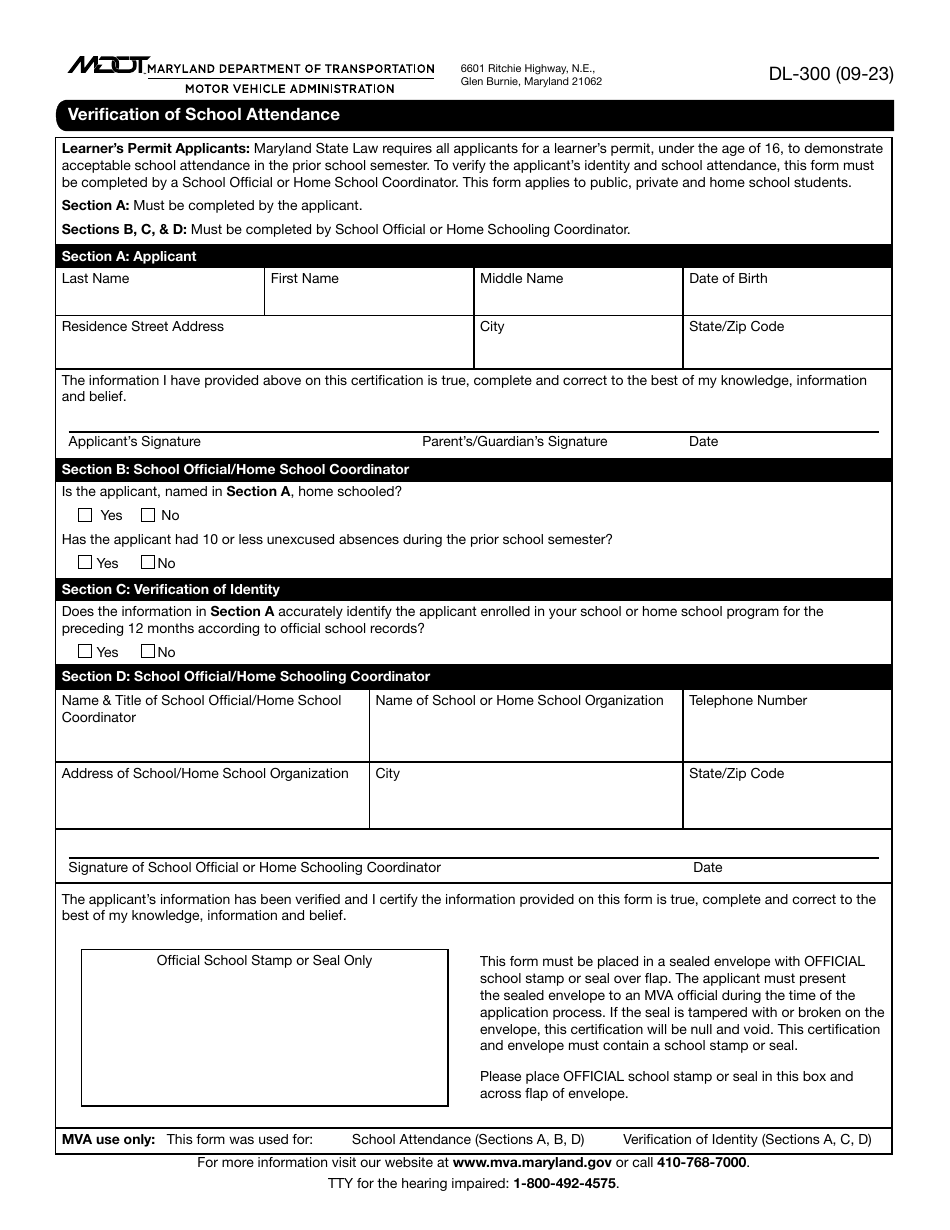 Form DL-300 Verification of School Attendance - Maryland, Page 1