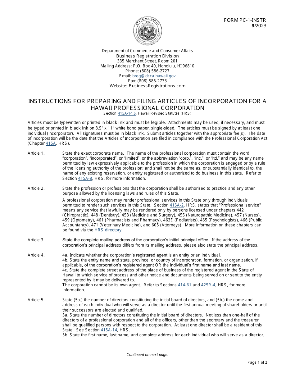 Instructions for Form PC-1 Articles of Incorporation for a Professional Corporation - Hawaii, Page 1