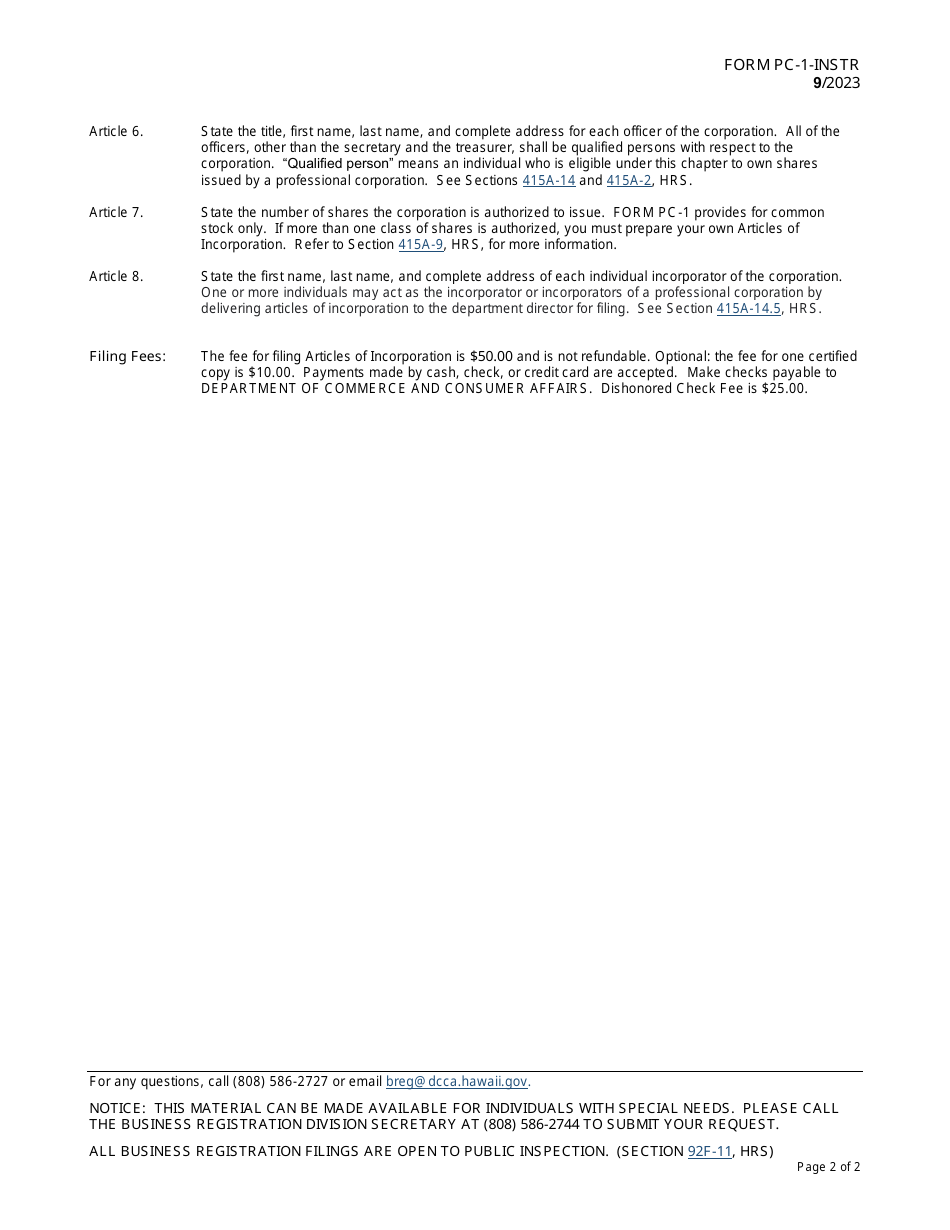 Instructions for Form PC-1 Articles of Incorporation for a Professional Corporation - Hawaii, Page 2