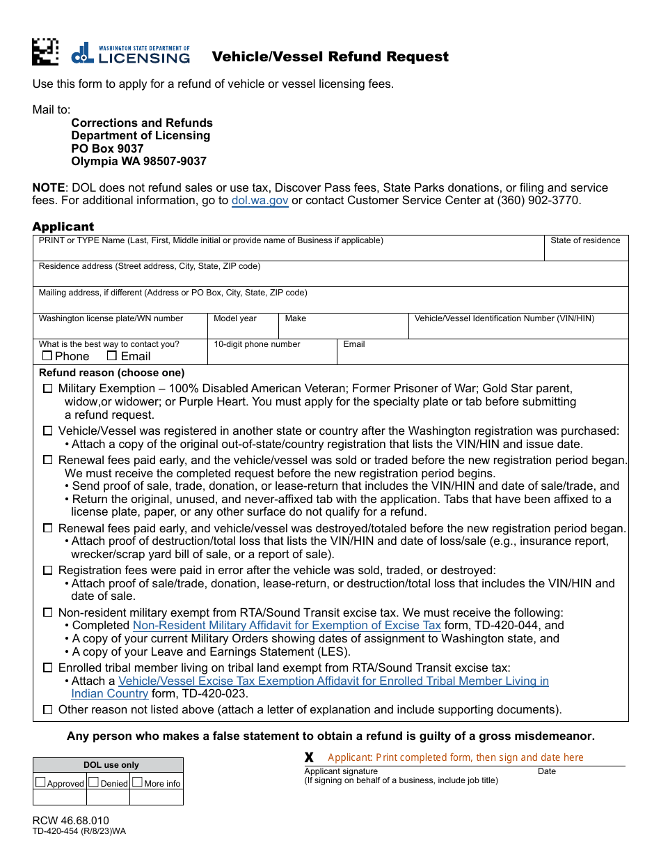 Form TD-420-454 Vehicle / Vessel Refund Request - Washington, Page 1