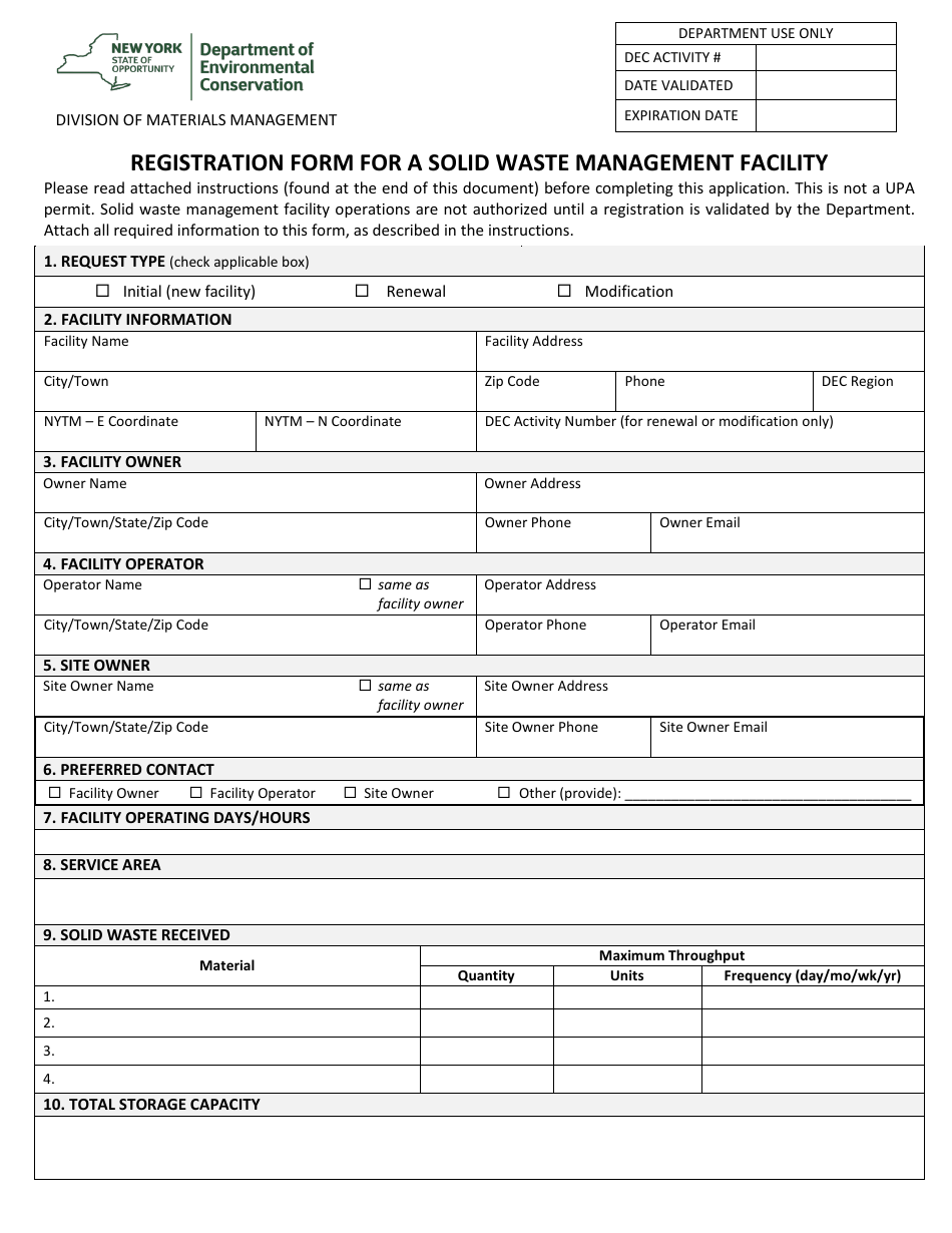 Registration Form for a Solid Waste Management Facility - New York, Page 1