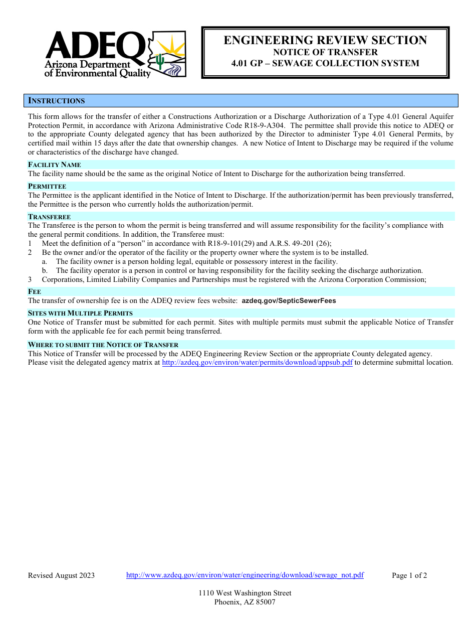 Engineering Review Section - Notice of Transfer - 4.01 Gp - Sewage Collection System - Arizona, Page 1