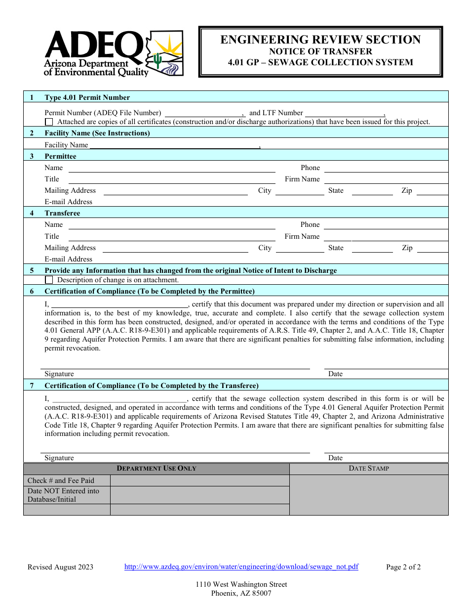 Engineering Review Section - Notice of Transfer - 4.01 Gp - Sewage Collection System - Arizona, Page 2