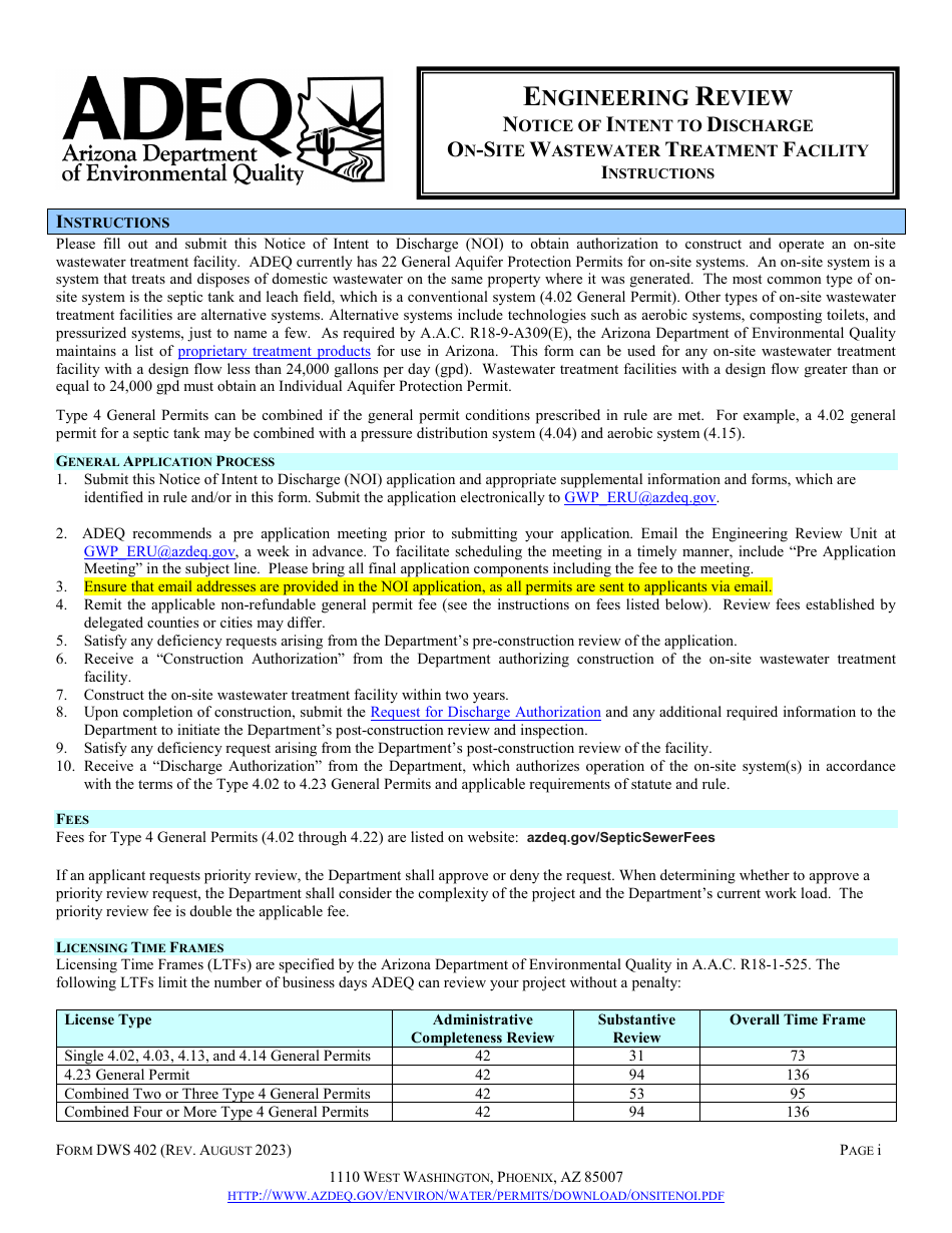 Arizona Engineering Review Notice Of Intent To Discharge On Site   Engineering Review Notice Of Intent To Discharge On Site Wastewater Treatment Facility Application Arizona Print Big 