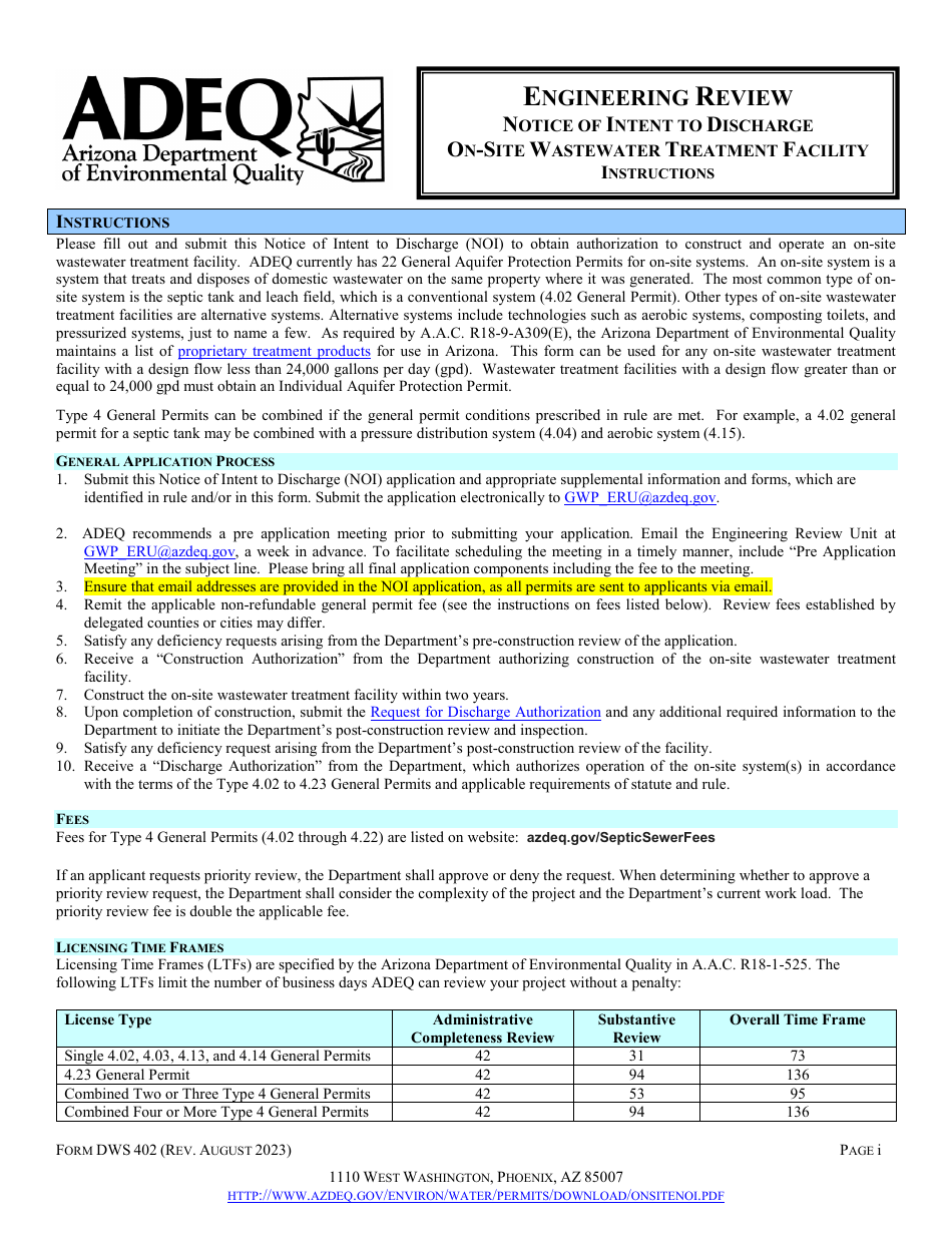 Engineering Review - Notice of Intent to Discharge on-Site Wastewater Treatment Facility Application - Arizona, Page 1