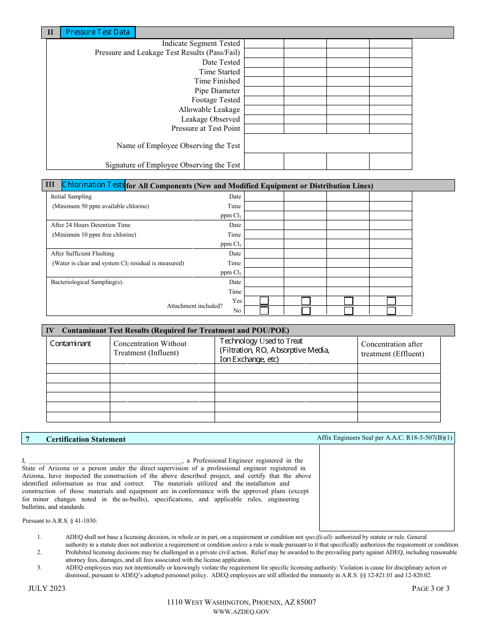 Engineers Certificate of Completion Drinking Water Facilities - Arizona, Page 3