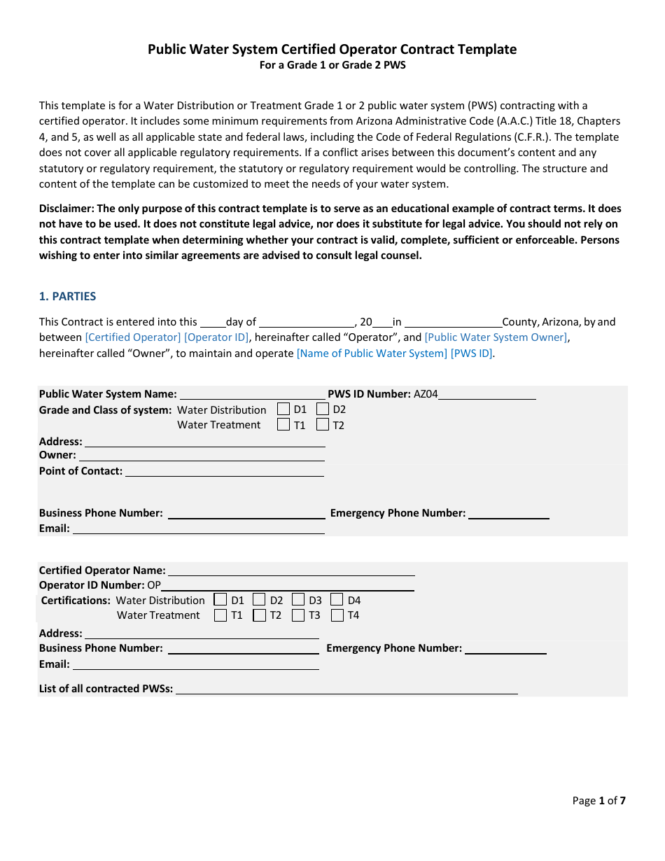 Public Water System Certified Operator Contract Template for a Grade 1 or Grade 2 Pws - Arizona, Page 1