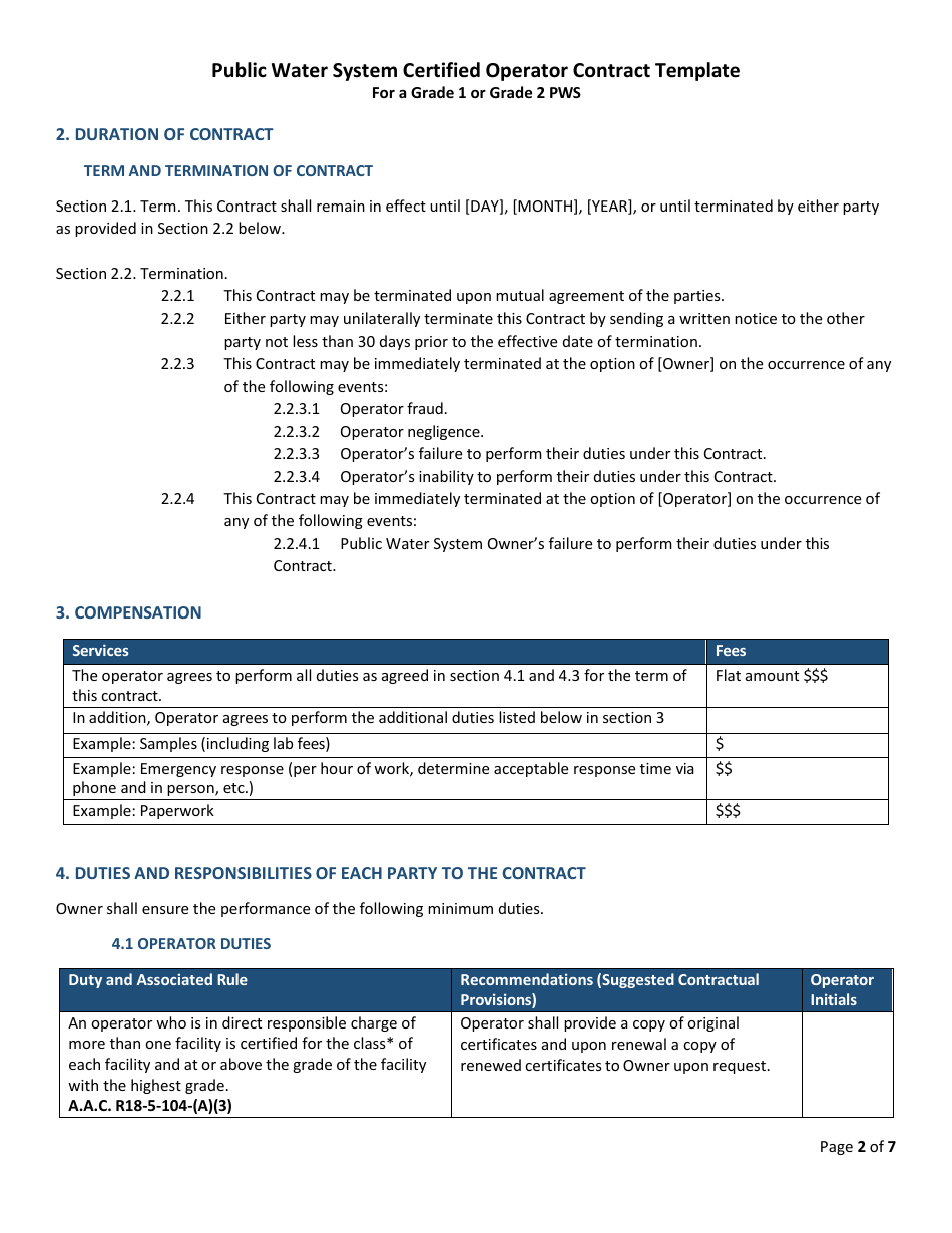 Public Water System Certified Operator Contract Template for a Grade 1 or Grade 2 Pws - Arizona, Page 2