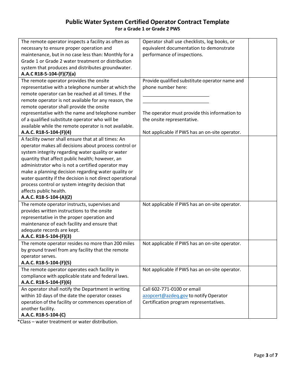 Public Water System Certified Operator Contract Template for a Grade 1 or Grade 2 Pws - Arizona, Page 3