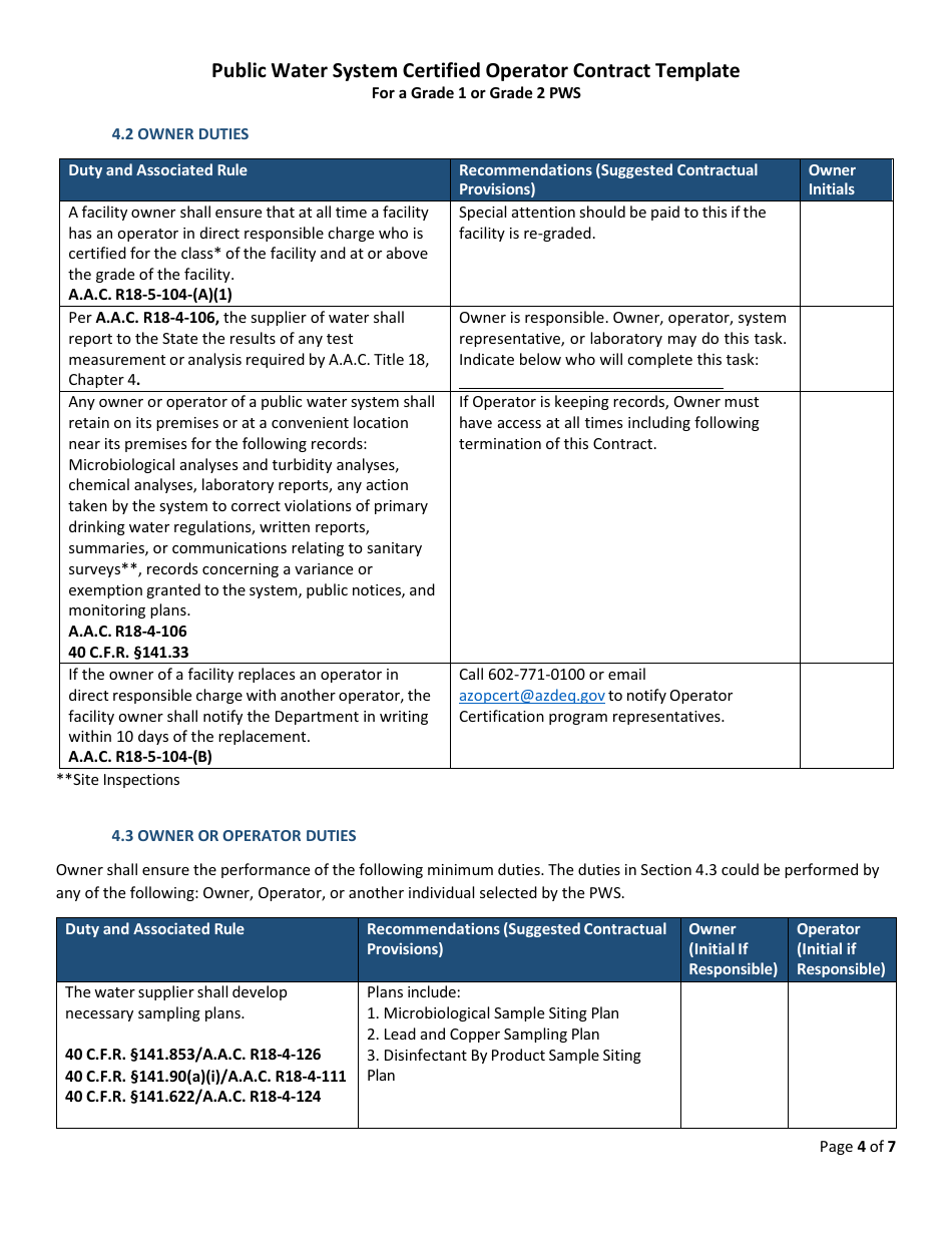 Arizona Public Water System Certified Operator Contract Template for a ...