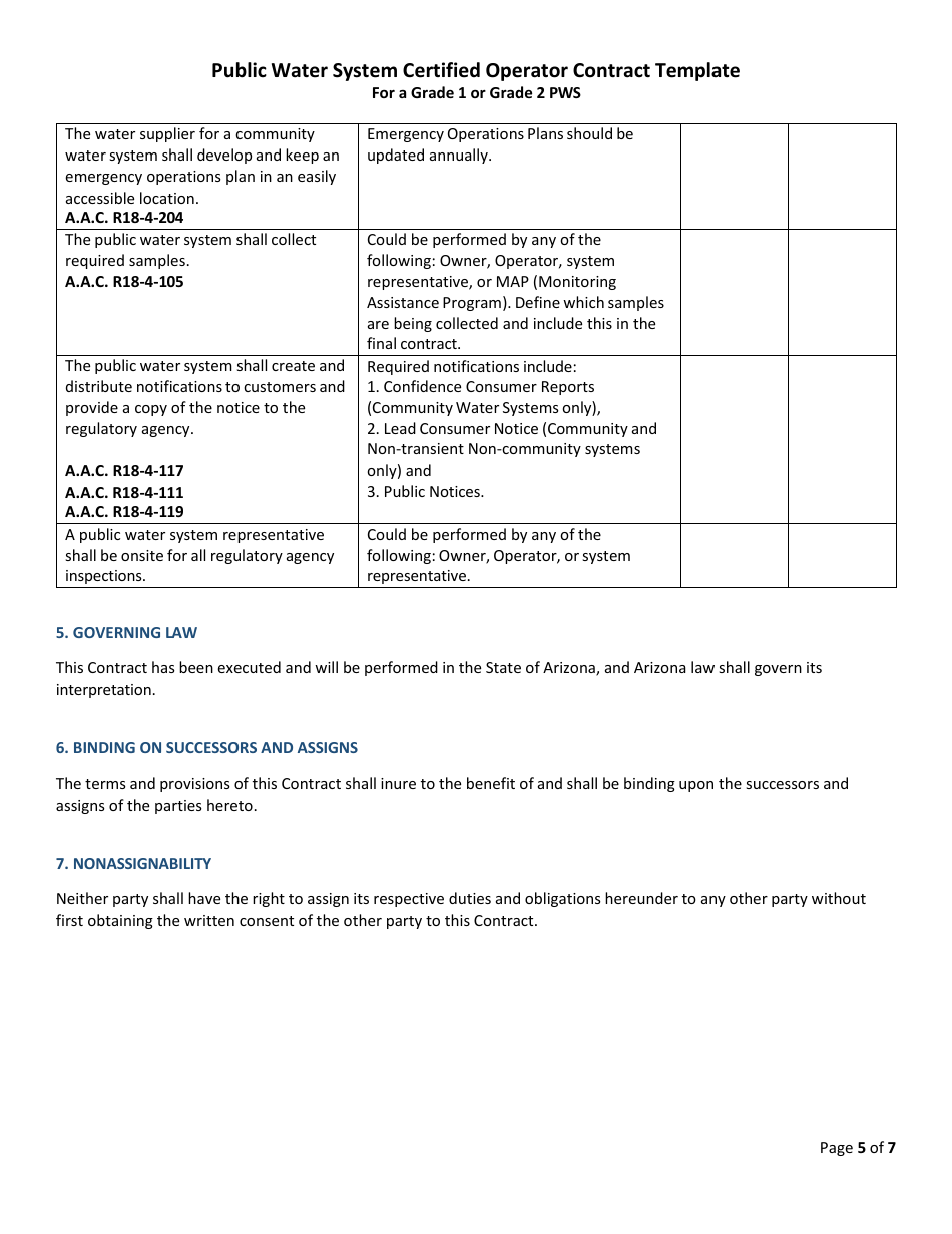 Public Water System Certified Operator Contract Template for a Grade 1 or Grade 2 Pws - Arizona, Page 5
