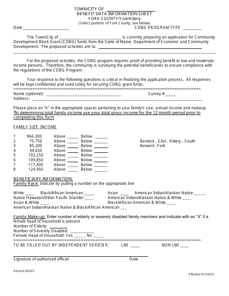 Lmi Benefit Data Information Sheet - York County / York / Kittery - Maine, Page 1