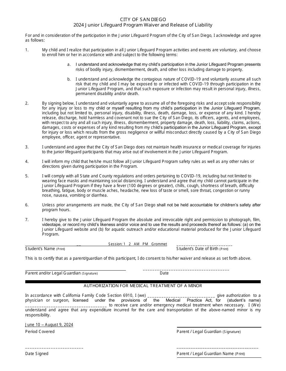 Junior Lifeguard Program Waiver and Release of Liability - City of San Diego, California, Page 1