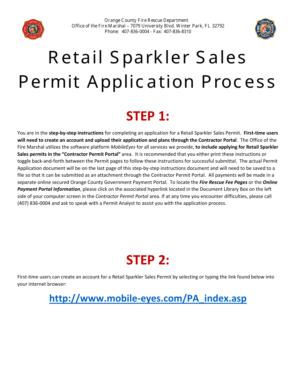 Pyrotechnics - Sparklers Retail Sales Permit Application - Orange County, Florida, Page 1