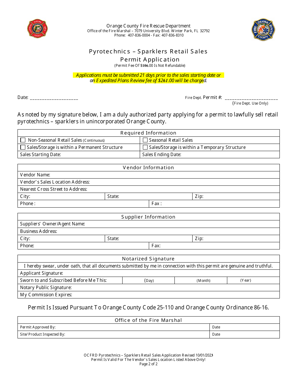 Pyrotechnics - Sparklers Retail Sales Permit Application - Orange County, Florida, Page 8